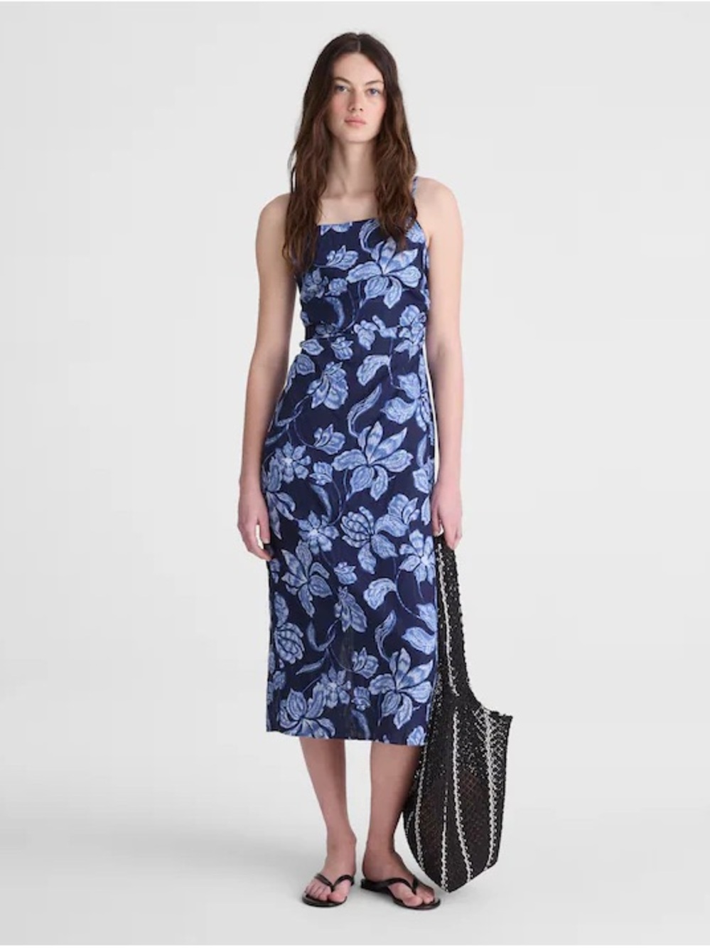 NWT Madewell Ruched Floral Linen Midi Dress Navy Floral Size 6 Square Neck